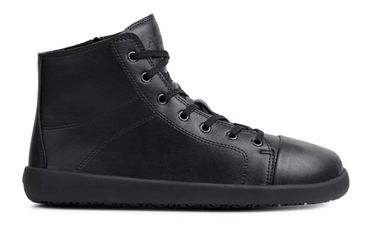 Black high-top barefoot boot with lace-up front and rounded toe on a flat sole.