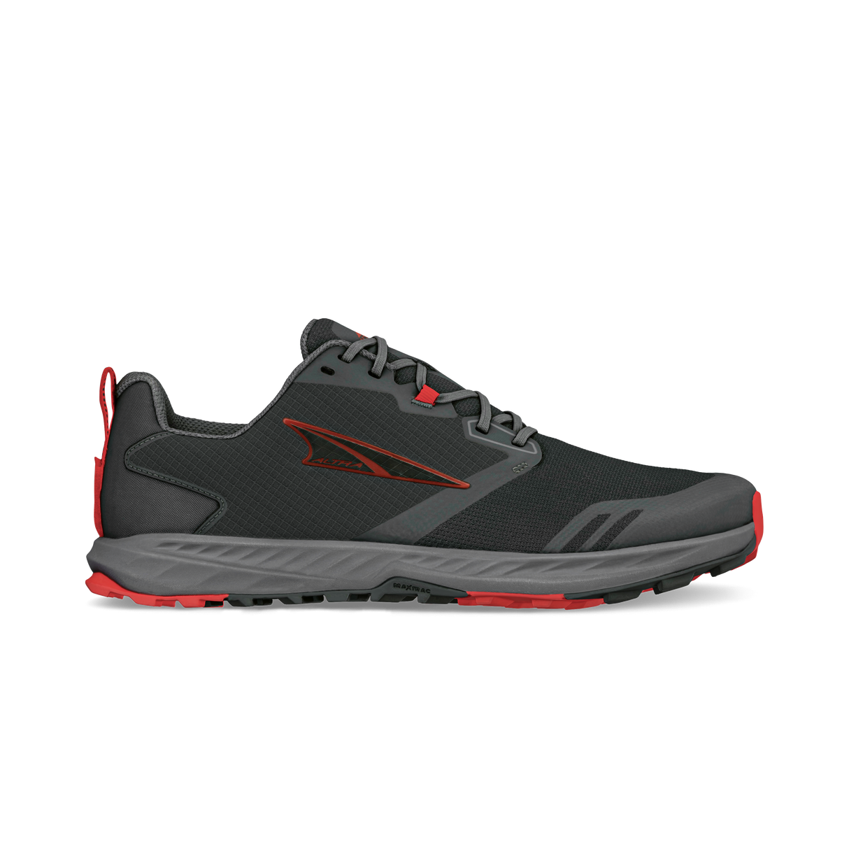 Black and gray Altra Superior 7 men's trail running shoe with red accents and logo.