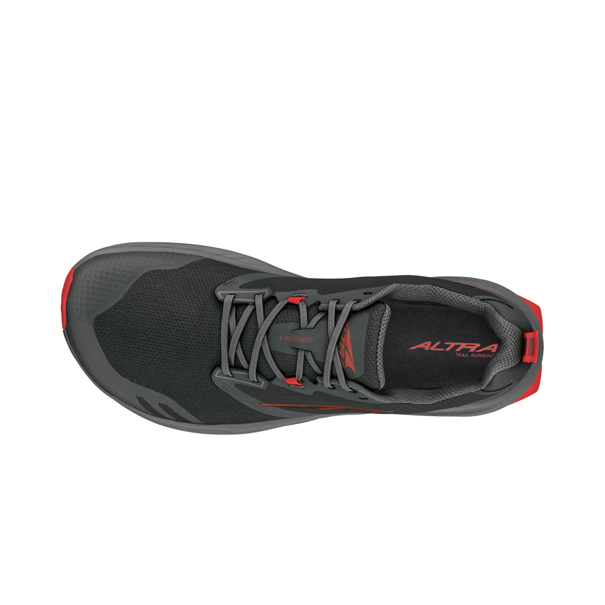 Black and gray athletic running shoe with red accents and Altra logo on tongue and insole.