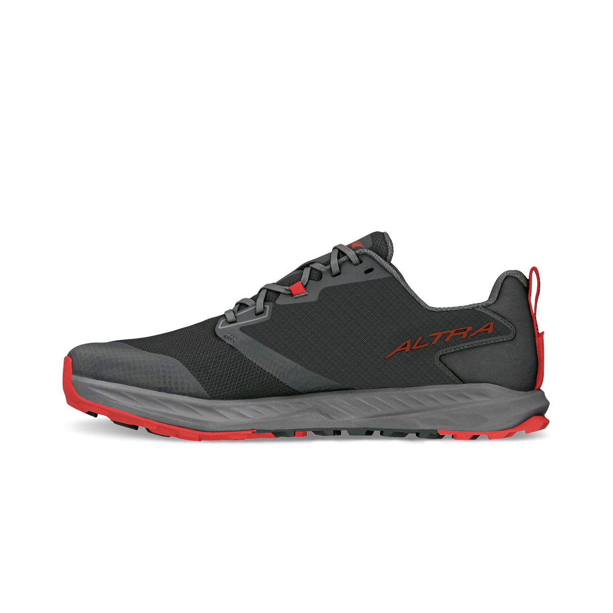 Black and gray Altra Superior 7 athletic shoe with red accents and durable trail sole.