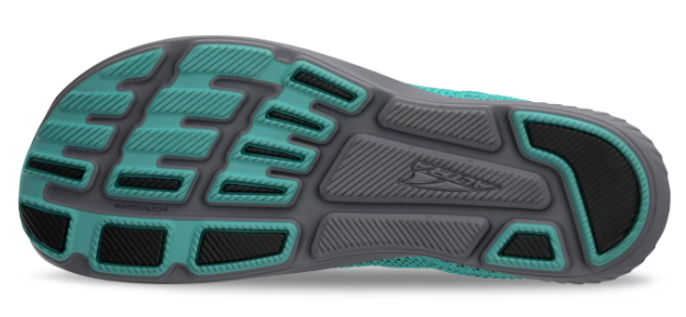 Teal and black sole of Altra Escalante Racer 2 running shoe with textured grip pattern.