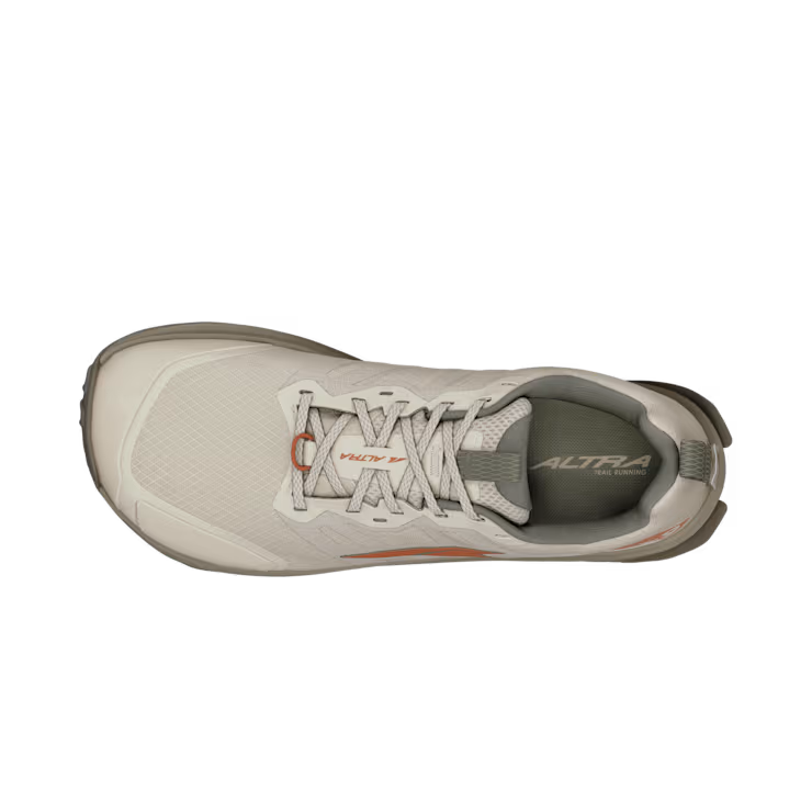 Tan Altra Lone Peak 9 Wide athletic shoe with mesh upper and cushioned collar, top view.