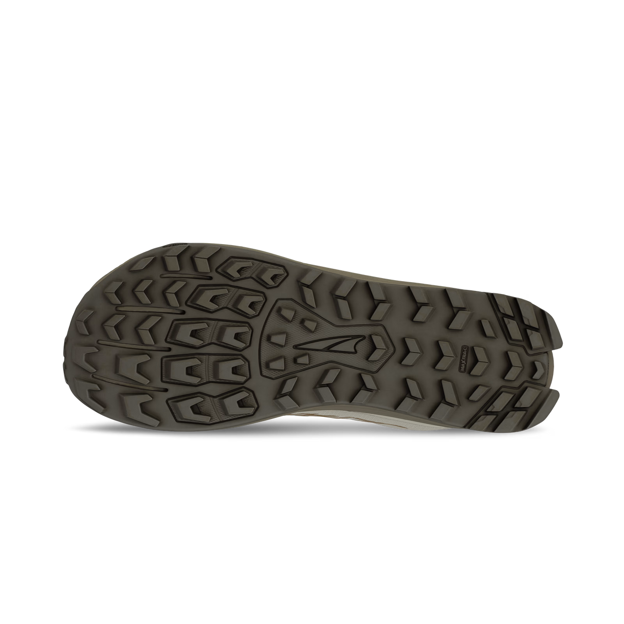 Tan trail running shoe sole with deep multi-directional lugs and Altra logo in center.