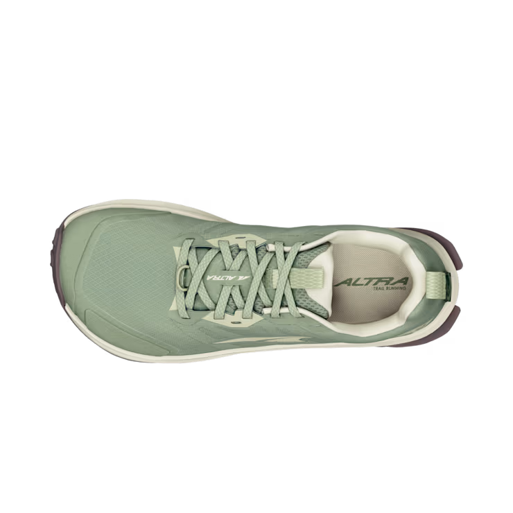 Light green Altra women's Lone Peak 9 Wide athletic shoe with white sole and logo on tongue and side.