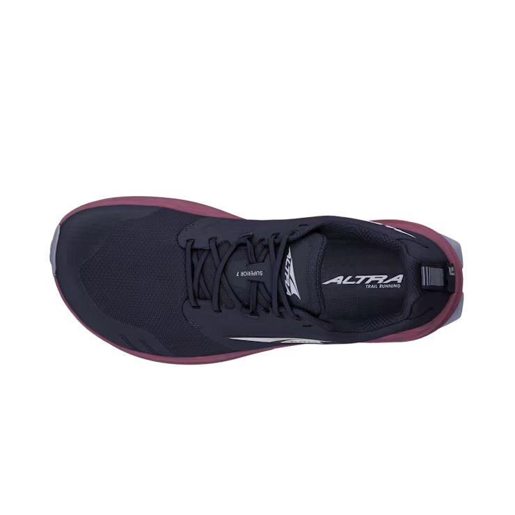 Dark blue Altra Superior 7 athletic shoe with black laces and purple sole edge, top view.