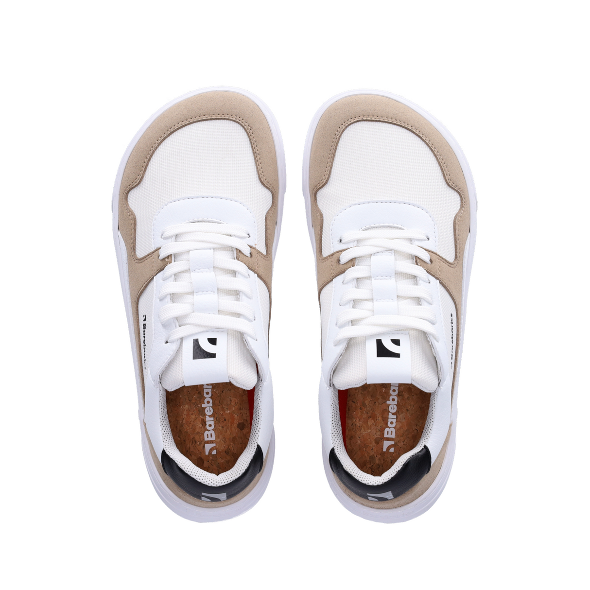 White and beige casual sneakers with white laces and cushioned soles viewed from above.