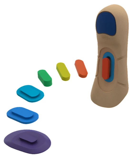 Beige 3/4 length insole with colored cushioning pads in purple, blue, green, yellow, orange, and red arranged beside it.