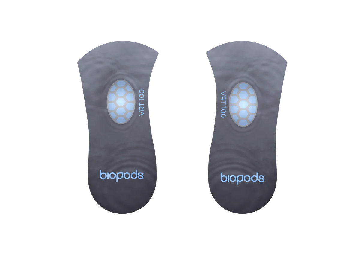 Pair of black Biopods Next Generation 3/4-Length Stimsoles insoles with blue logo and honeycomb pattern on heel.