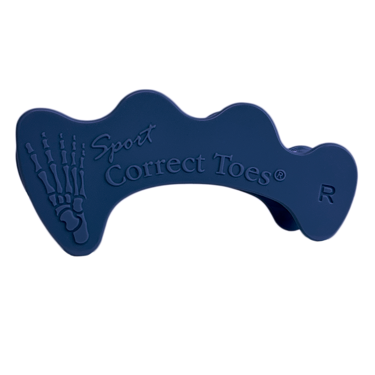 Dark blue Correct Toes SPORT® toe spacer with embossed skeletal foot design and lettering.