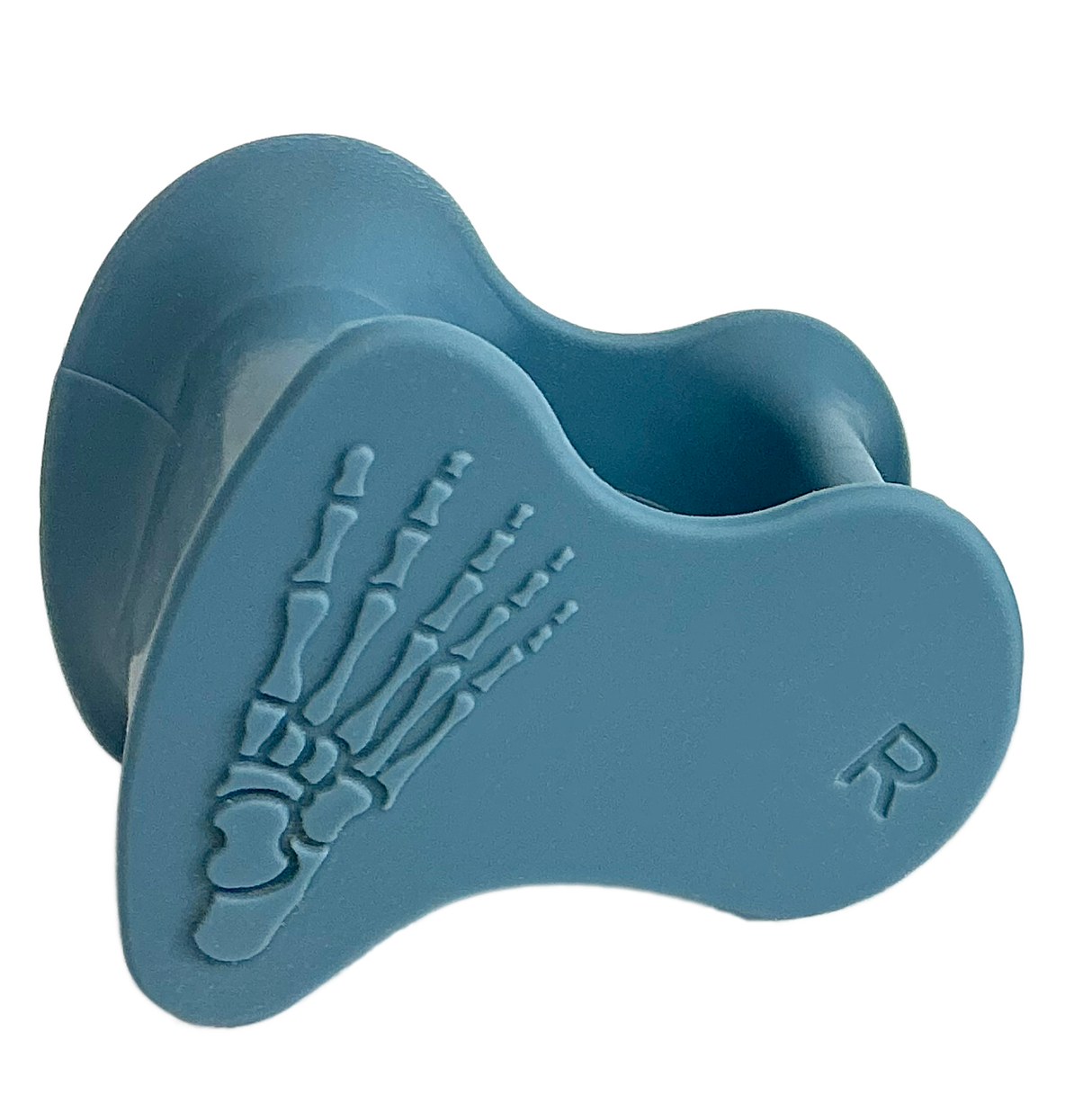 Blue silicone toe spacer with skeletal foot design and right foot indicator "R" embossed.