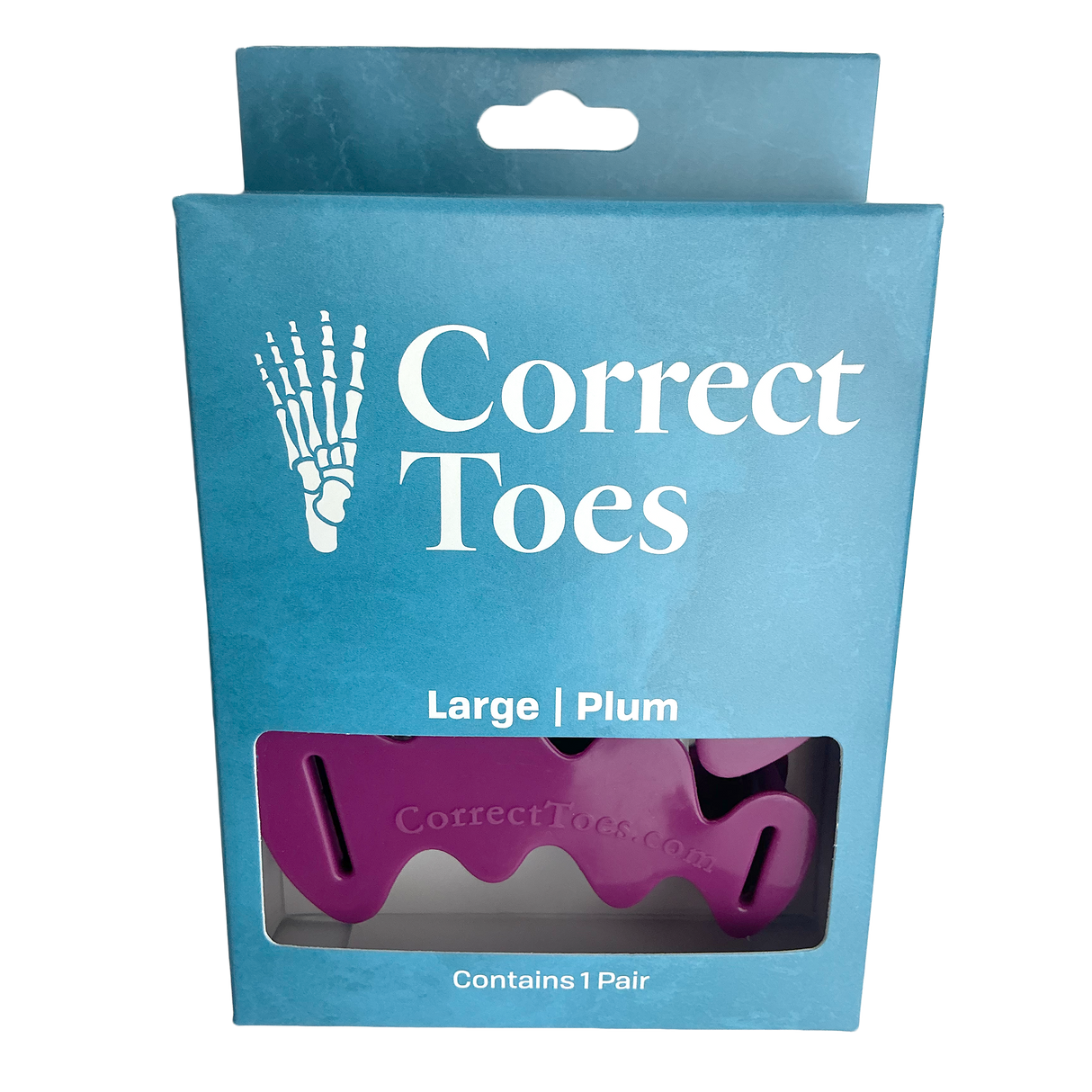 Plum-colored Correct Toes toe spacers in large size with blue retail packaging.