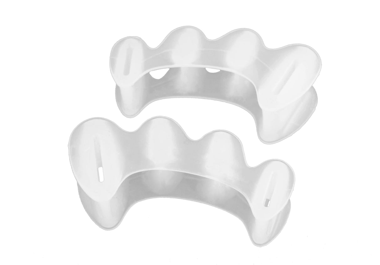 Clear flexible toe spacers designed to align toes with individual curved and looped segments.