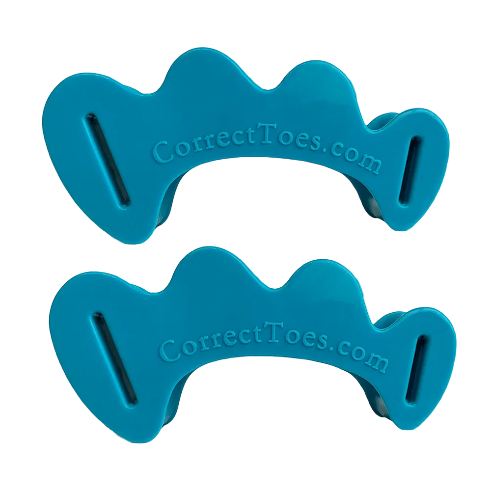 Pair of aqua blue flexible toe spacers with "CorrectToes.com" embossed on each piece.