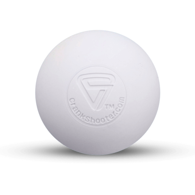 White Fascia Friend Lacrosse Ball with embossed Crankshooter.com logo.