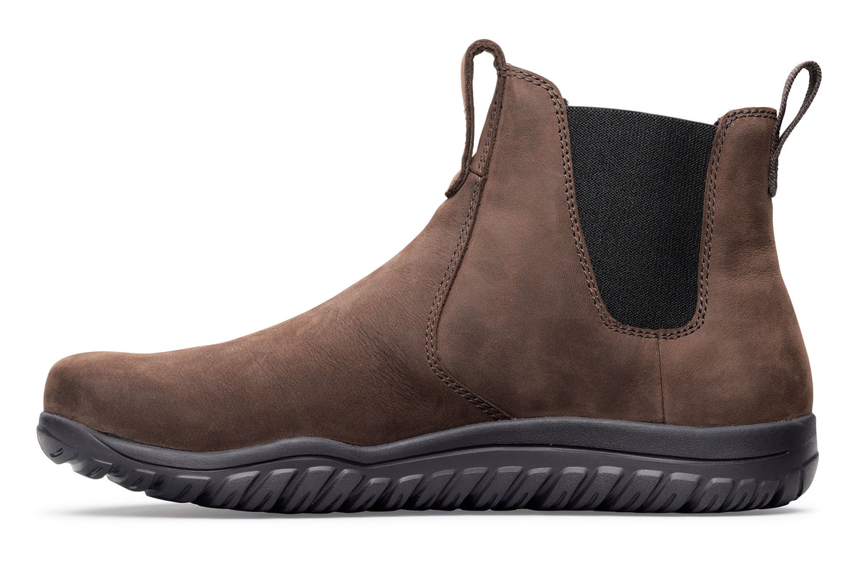 Espresso brown waterproof Chelsea boot with black elastic side panels and ribbed black sole.