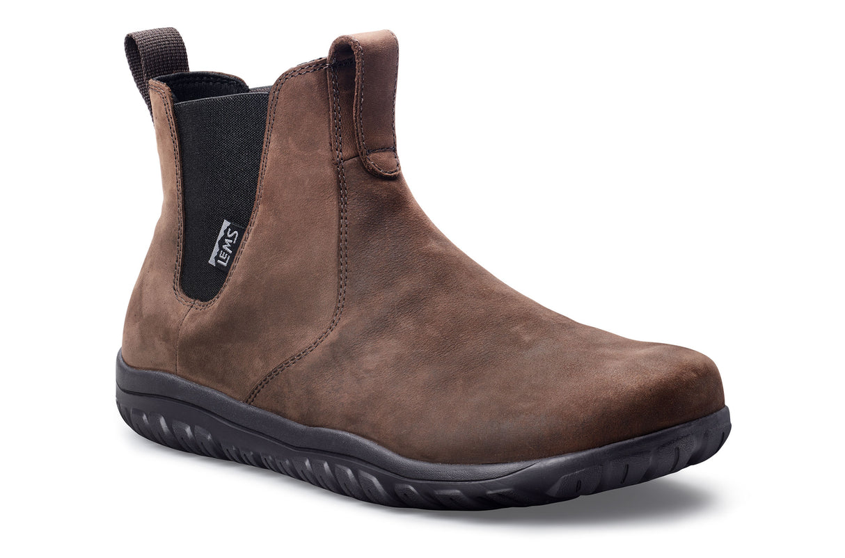 Espresso brown suede waterproof Chelsea boot with black elastic side panels and black rubber sole.