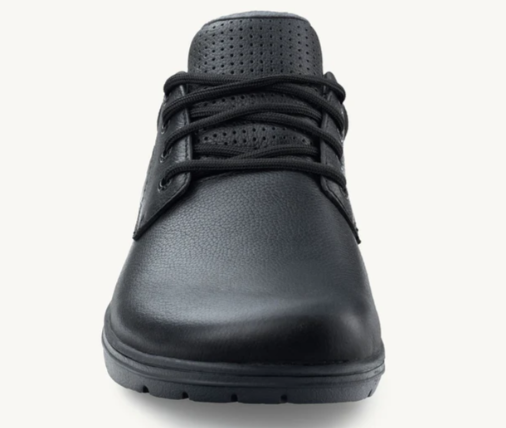 Black leather casual shoe with perforated tongue and rounded toe, secured with black laces.
