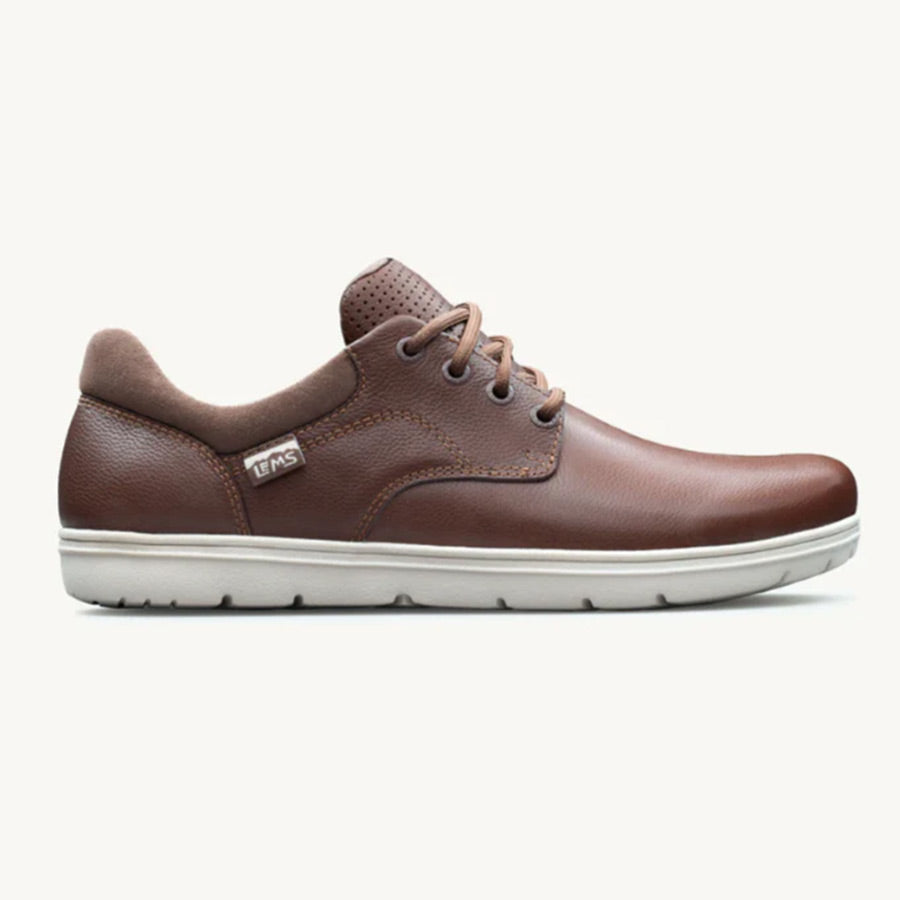 Brown leather casual lace-up shoe with cream outsole and cushioned collar.