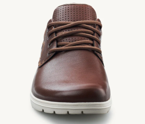 Brown leather casual sneaker with perforated tongue and white sole, Lems Nine2Five V2 Coffee & Cream.