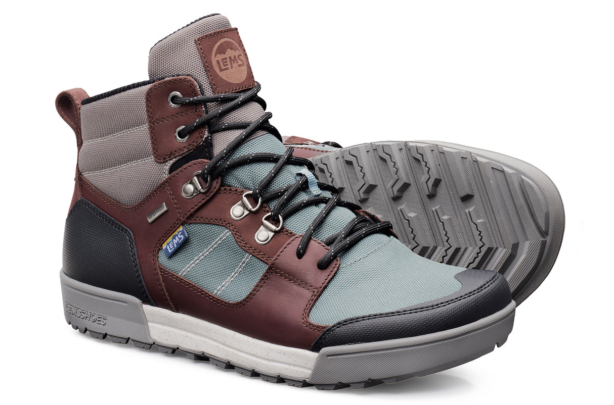 Men's Lems Outlander waterproof boot in iceberg blue and brown with black accents and rugged outsole.