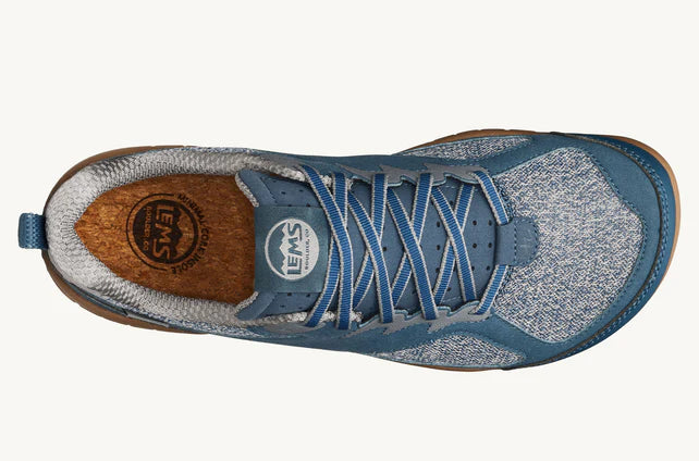 Blue and gray knit lightweight athletic shoe with brown accents and white cushioned sole.