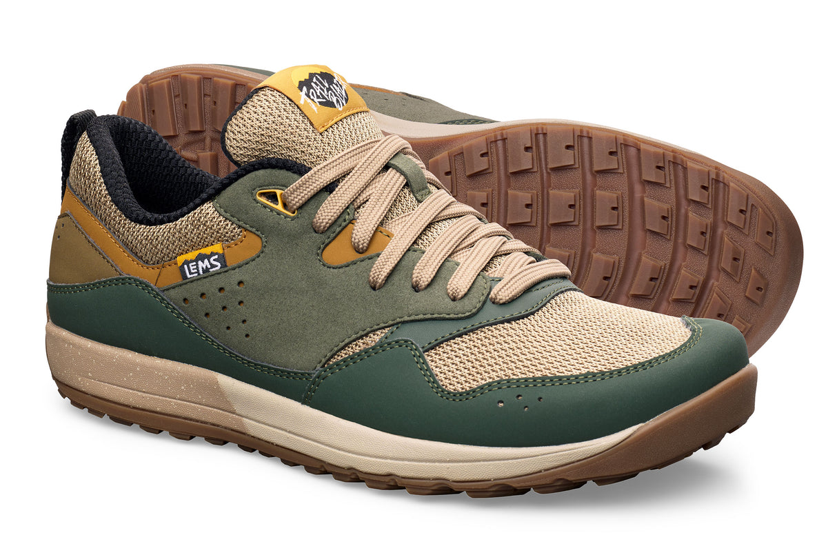 Juniper green and beige casual sneaker with mesh and suede panels, tan laces, and textured rubber sole.