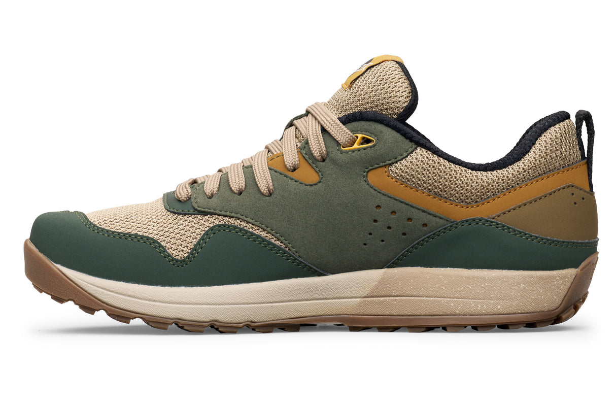 Juniper green and tan casual sneaker with breathable mesh and suede overlays, tan laces, and gum sole.