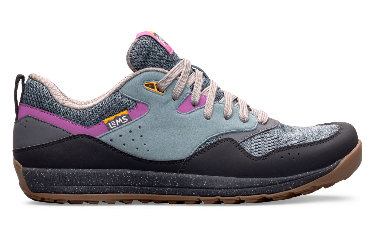 Lems Trail Blazer sneaker in thunder color with gray, black, and purple accents, breathable mesh, and gum sole.