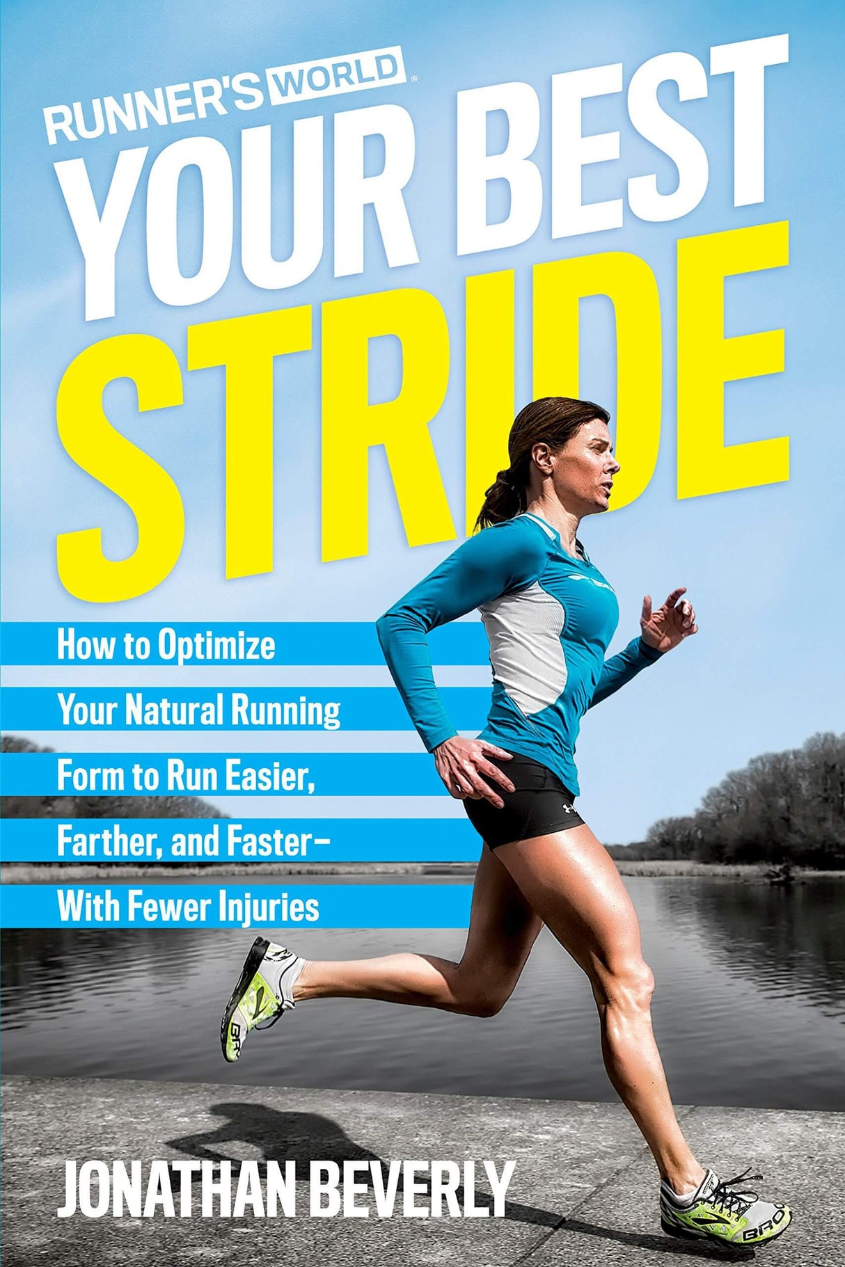 Running book cover featuring a woman jogging outdoors in a blue jacket, gray shorts, and black shoes against a cloudy sky.