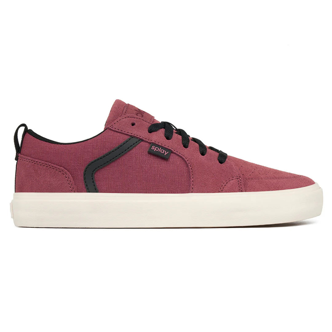 Maroon sneaker with black accents on a white background, featuring the brand 'Splay'.