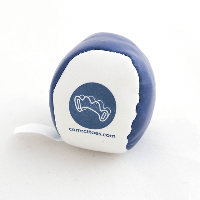 Blue and white toe grip hacky sack with correcttoes.com logo on white panel.