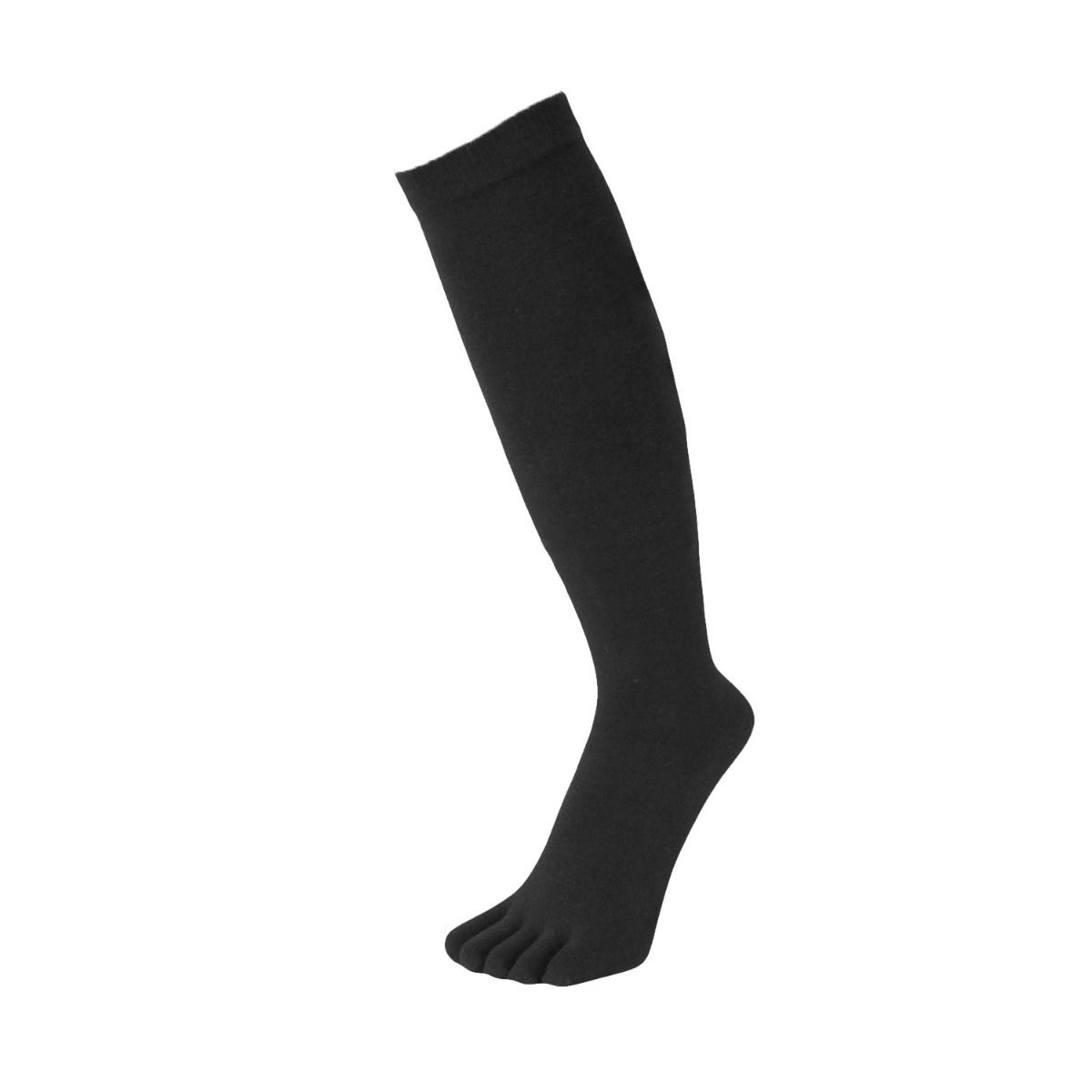 Black knee-high toe sock with individual toe compartments and ribbed cuff.