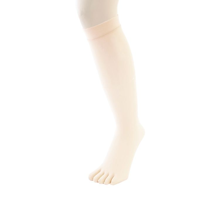 Beige nylon knee-high toe socks with a sheer finish on a mannequin foot.