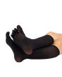Black nylon knee-high socks with separate toe compartments, sheer finish, one size.
