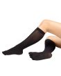 Black nylon plain toe knee-high socks on crossed legs against white background.