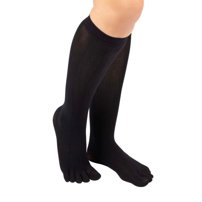 Black nylon knee-high socks with individual toe compartments, smooth and sheer finish.