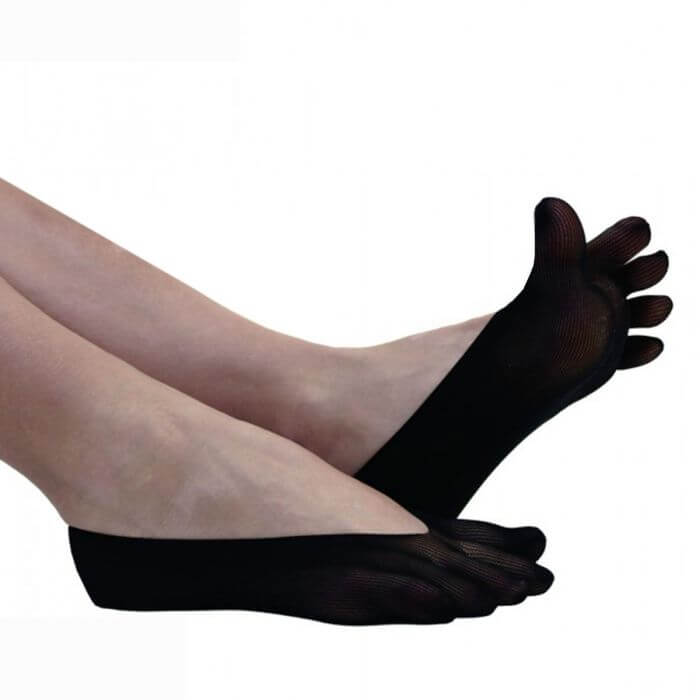 Black nylon no-show toe socks with individual toe compartments on bare feet.