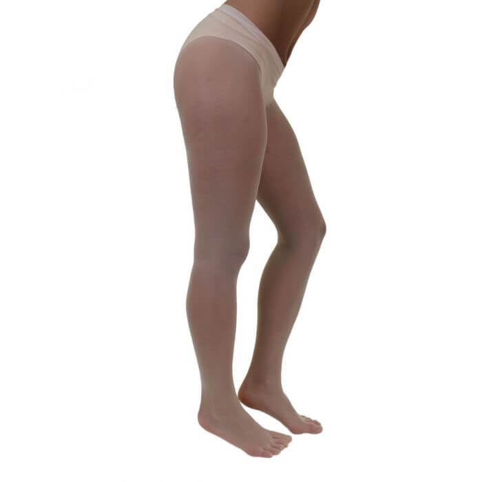 Beige sheer nylon toe tights on slim legs with reinforced waistband and open toes.