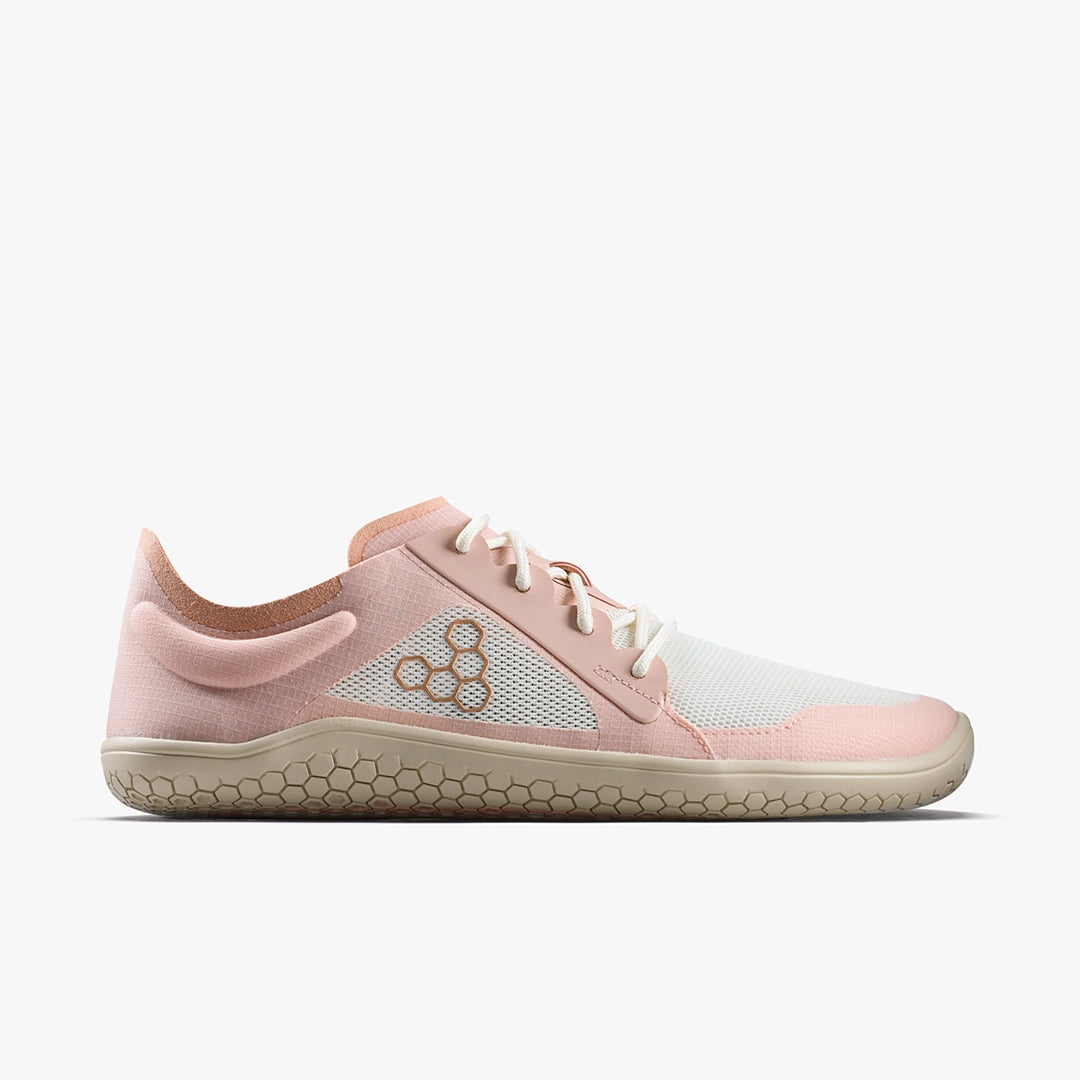 Pink sneaker with a Vivobarefoot brand logo on a white background