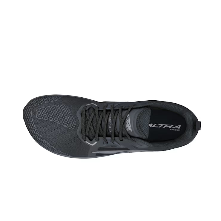 Black Altra Men's Solstice XT3 athletic shoe with mesh upper and lace-up closure, top view.