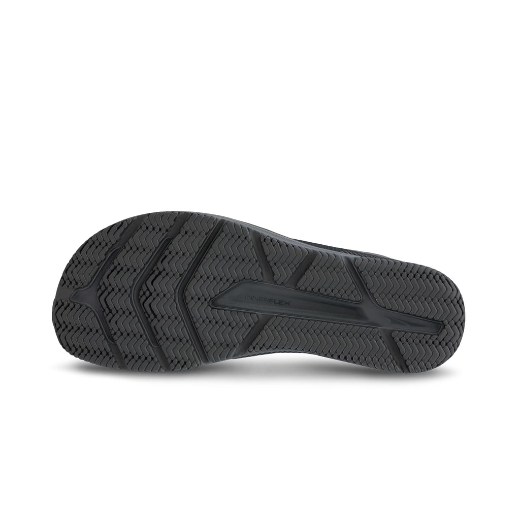 Black athletic shoe outsole with textured, multi-pattern tread designed for traction and durability.