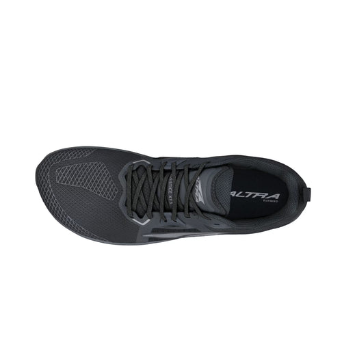 Black Altra women's Solstice XT3 athletic shoe with mesh upper and padded collar, top view.