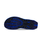 Dark blue athletic shoe sole with deep tread and black traction patterns.