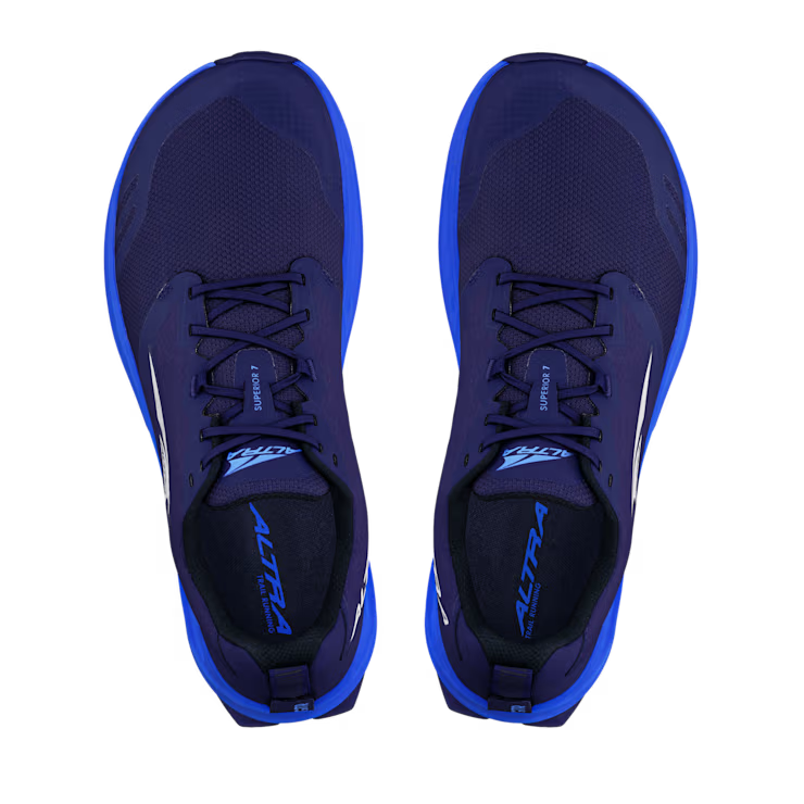 Dark blue Altra men's athletic shoes with black laces and Ultra logo on tongue and insole.