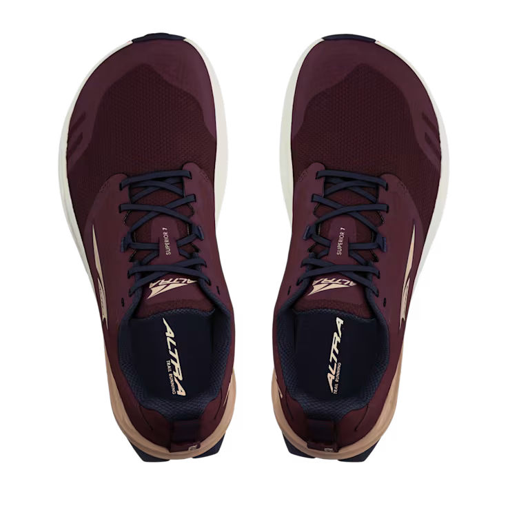 Dark purple Altra Women's Superior 7 running shoes with black laces and white soles, top view.