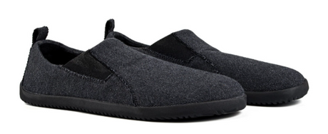 Grey slip-on sneakers with black elastic side panels and pull tabs, recycled material, low-profile design.