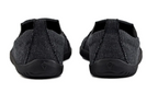 Grey recycled fabric slip-on sneakers with black rubber soles shown from the back.
