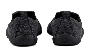 Grey recycled fabric slip-on sneakers with black rubber soles shown from the back.