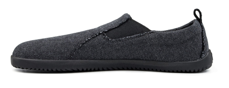 Grey recycled slip-on sneaker with black elastic side panels and textured sole.