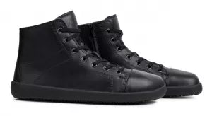 Black high-top barefoot boots with lace-up closure and smooth matte finish.